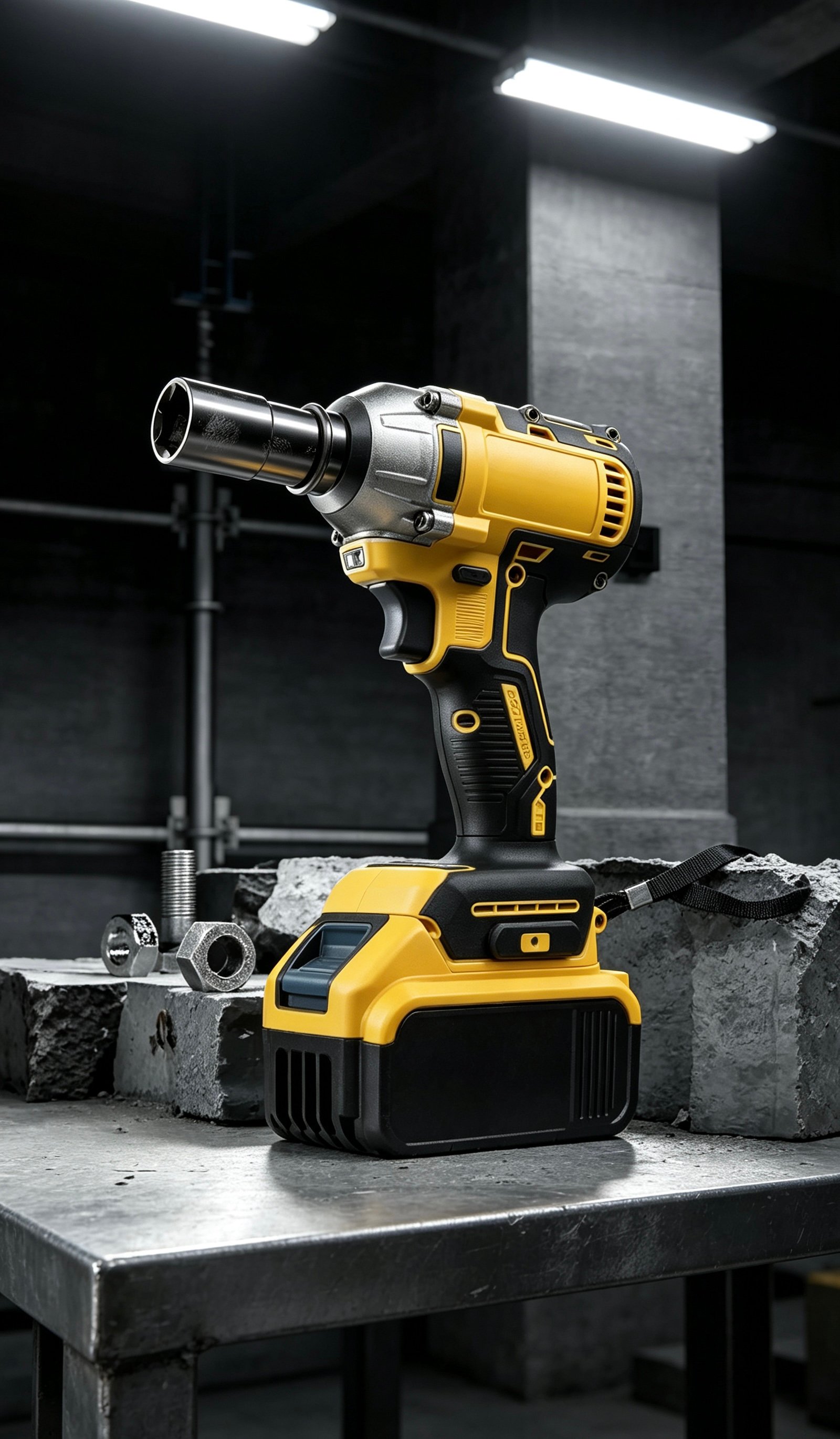 Yellow and black cordless impact wrench on an industrial workbench