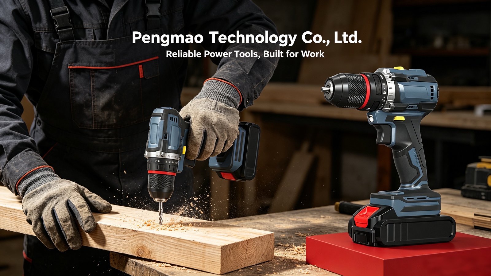 Pengmao cordless drills in a workshop, with a craftsman drilling into timber